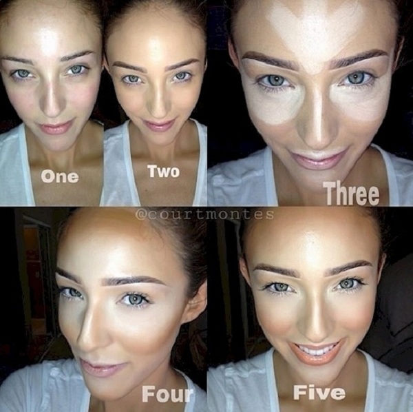 Il s'agit d'une image d'un visage d'une femme qui montre ses différentes étapes en ce qui concerne la routine de son maquillage.
