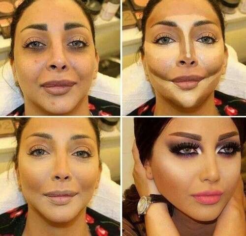 Il s'agit de plusieurs petites images qui montrent les différentes étapes de la manière d'appliquer le maquillage sur le visage d'une femme.