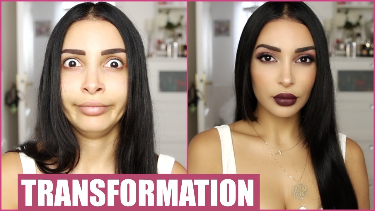 Il s'agit d'une femme qui montre son visage sans maquillage et ensuite, son visage avec du maquillage.
